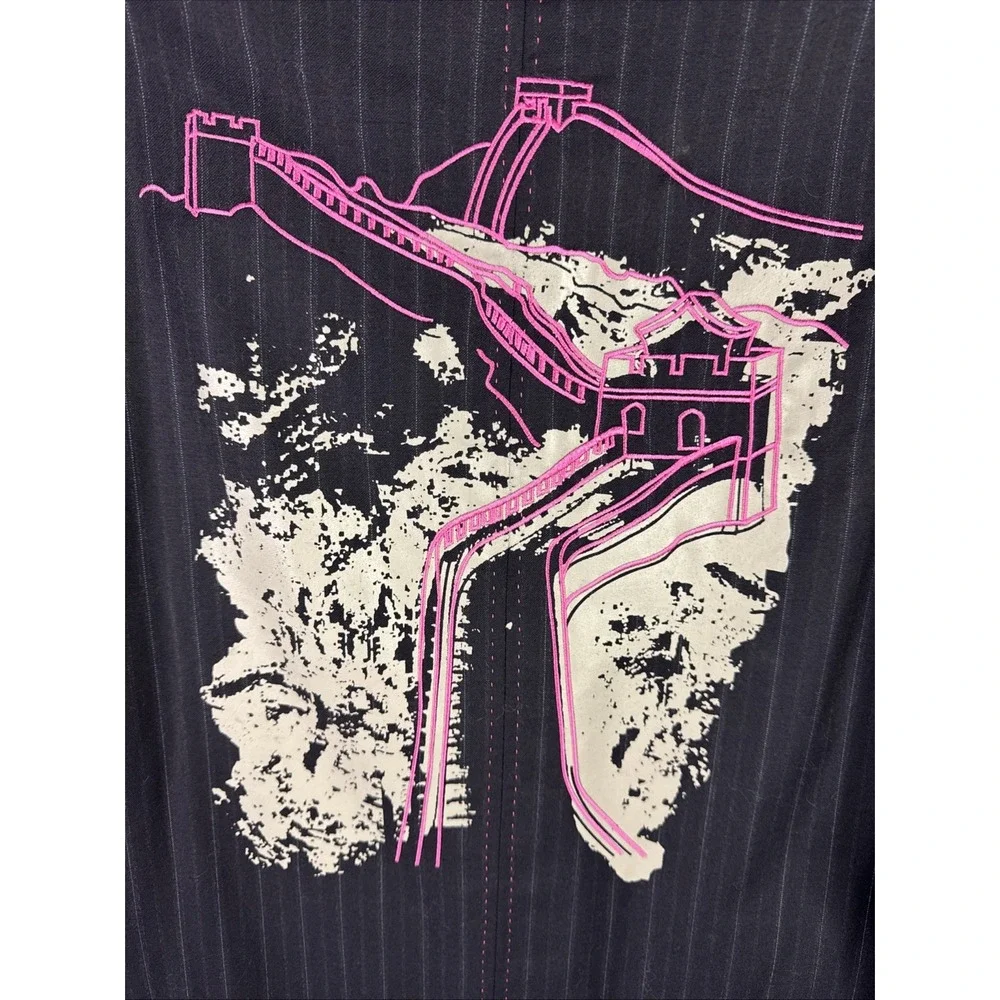 American Chang XL Pinstripe Wool Blazer Great Wall Graphic Pink Stitch Lining - Picture 6 of 7